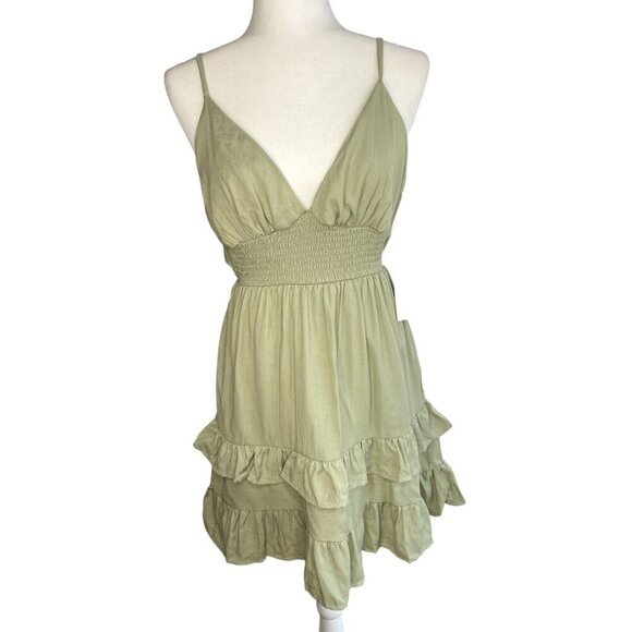IRIS Dress Womens Olive Green Smocked Waist Ruffled Mini Dress Size L - Picture 1 of 7